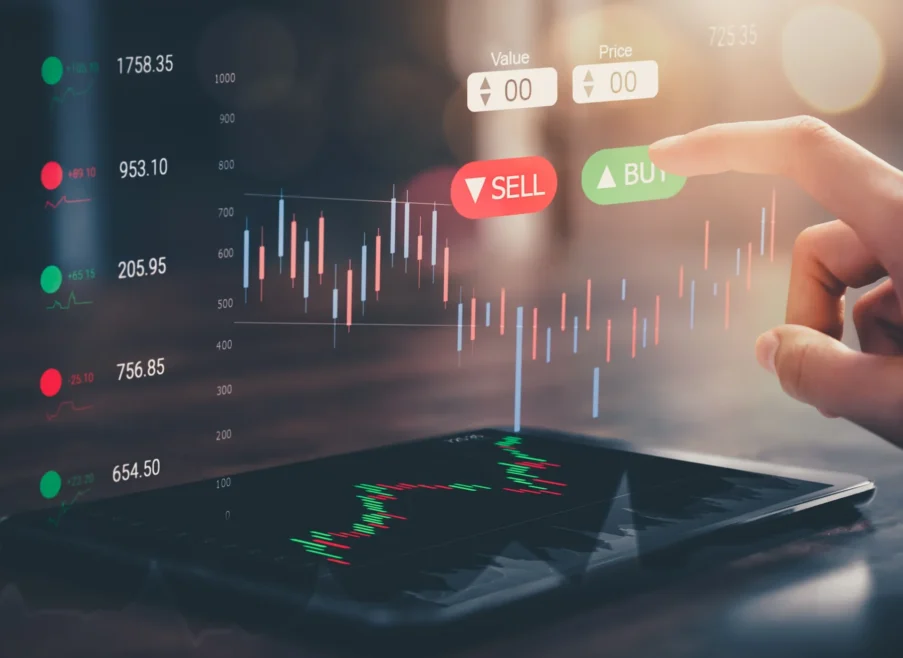 stock-exchange-market-concept-hand-touching-trading-icon-screen-with-graphs-analysis-candle-line-bokeh-colors-light